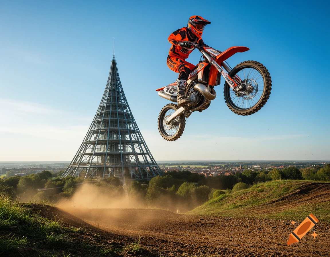 Motocross rider on an orange bike jumps over a dirt track with the pyramid-shaped Jahrtausendturm and a city in the background.