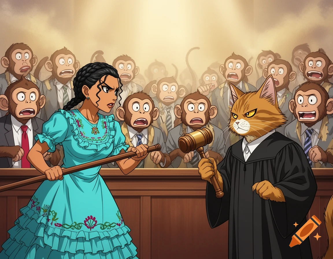 Anime-style woman in a blue dress arguing with a cat judge holding a gavel, while a jury of monkeys looks on in a courtroom.