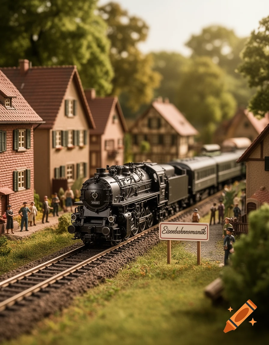 A photorealistic miniature model railway scene features a black steam train on tracks, surrounded by small houses and tiny people.