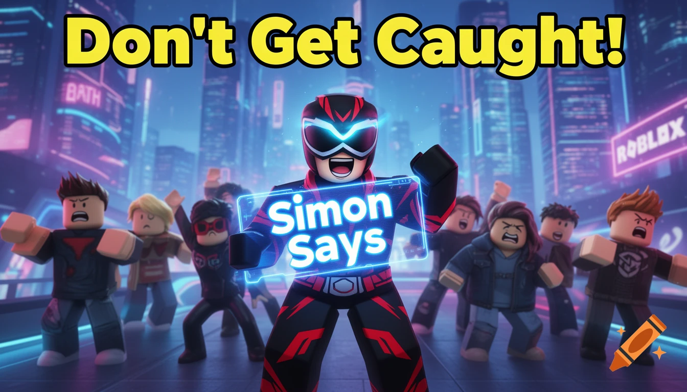 Roblox characters in a futuristic city, with a central character holding a 'Simon Says' glowing sign, under the text 'Don't Get Caught!'.