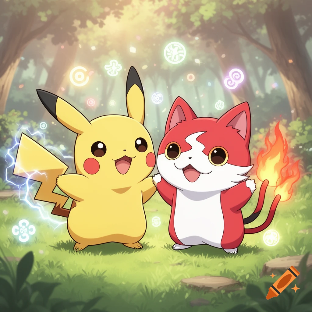 Pikachu and Jibanyan standing together in a magical forest with glowing symbols, cartoon style.