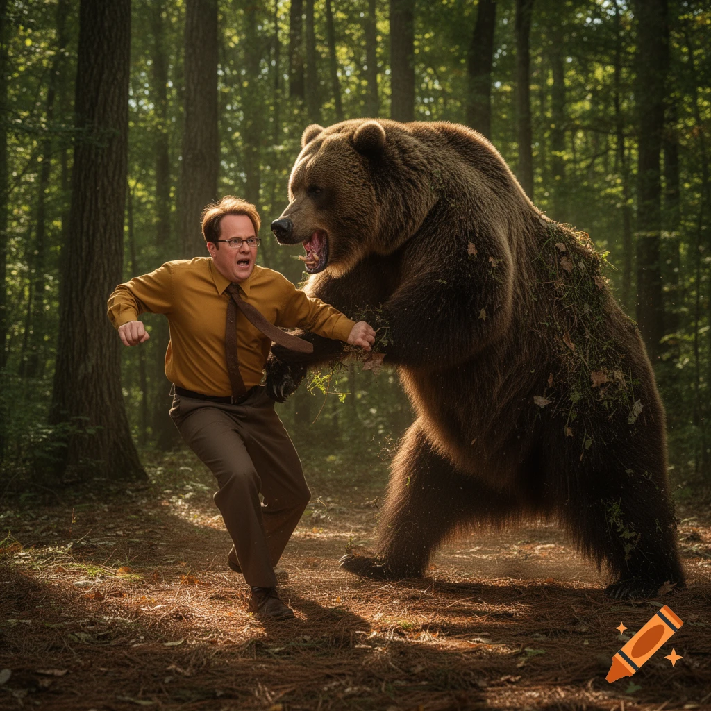 A man resembling Dwight Schrute in an office shirt and tie recoils from a massive grizzly bear in a sunlit forest.