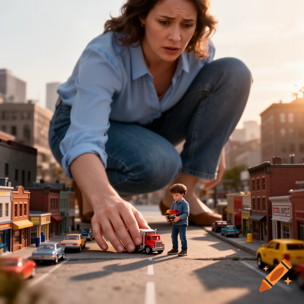 Photorealistic image of a giant woman crouching over a miniature city, looking at a small boy playing with a toy truck on the street.