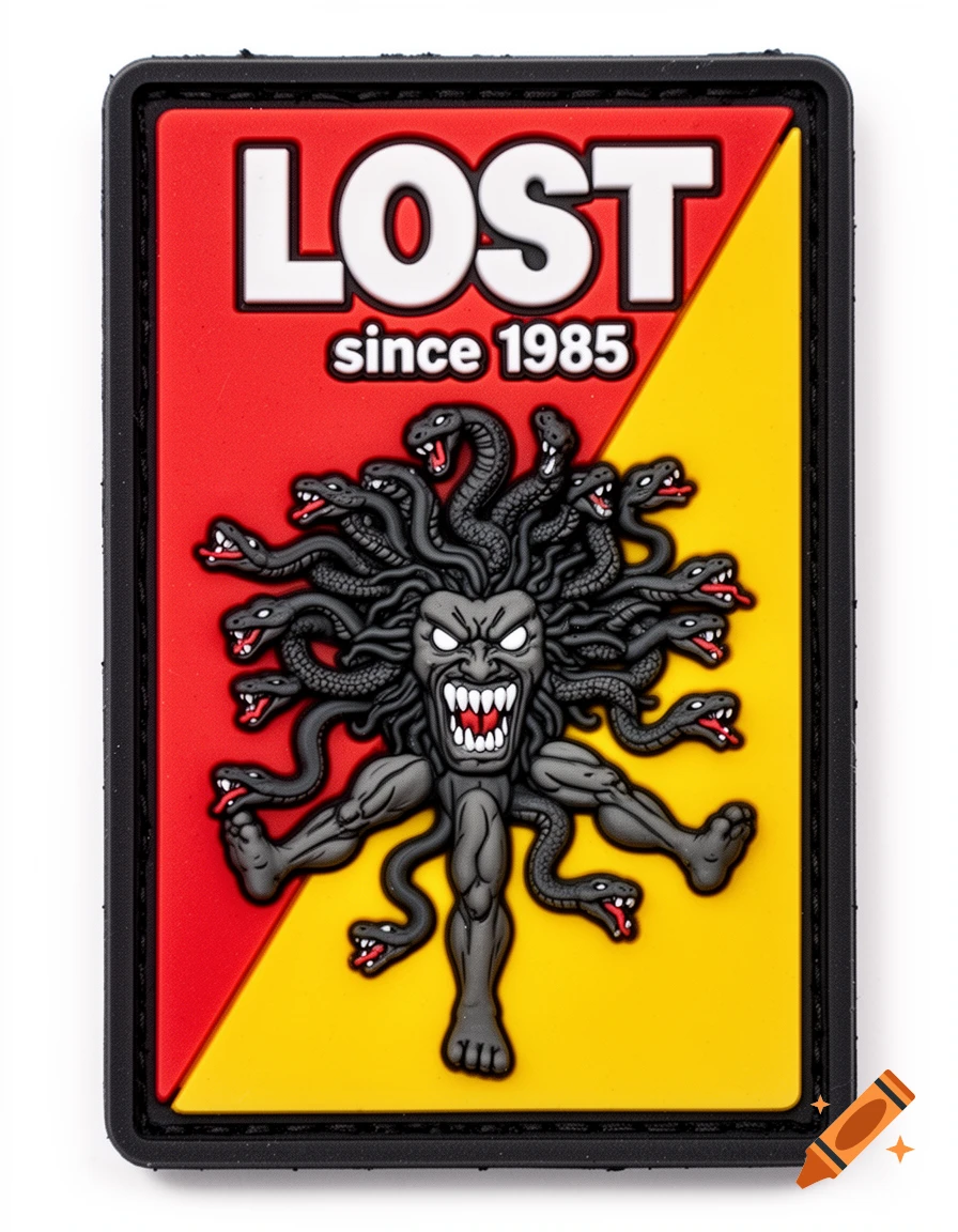 3D PVC rubber patch with a red and yellow background. It features a fierce Medusa-like monster with snakes, sharp teeth, and three muscular legs. Text reads 'LOST since 1985'.