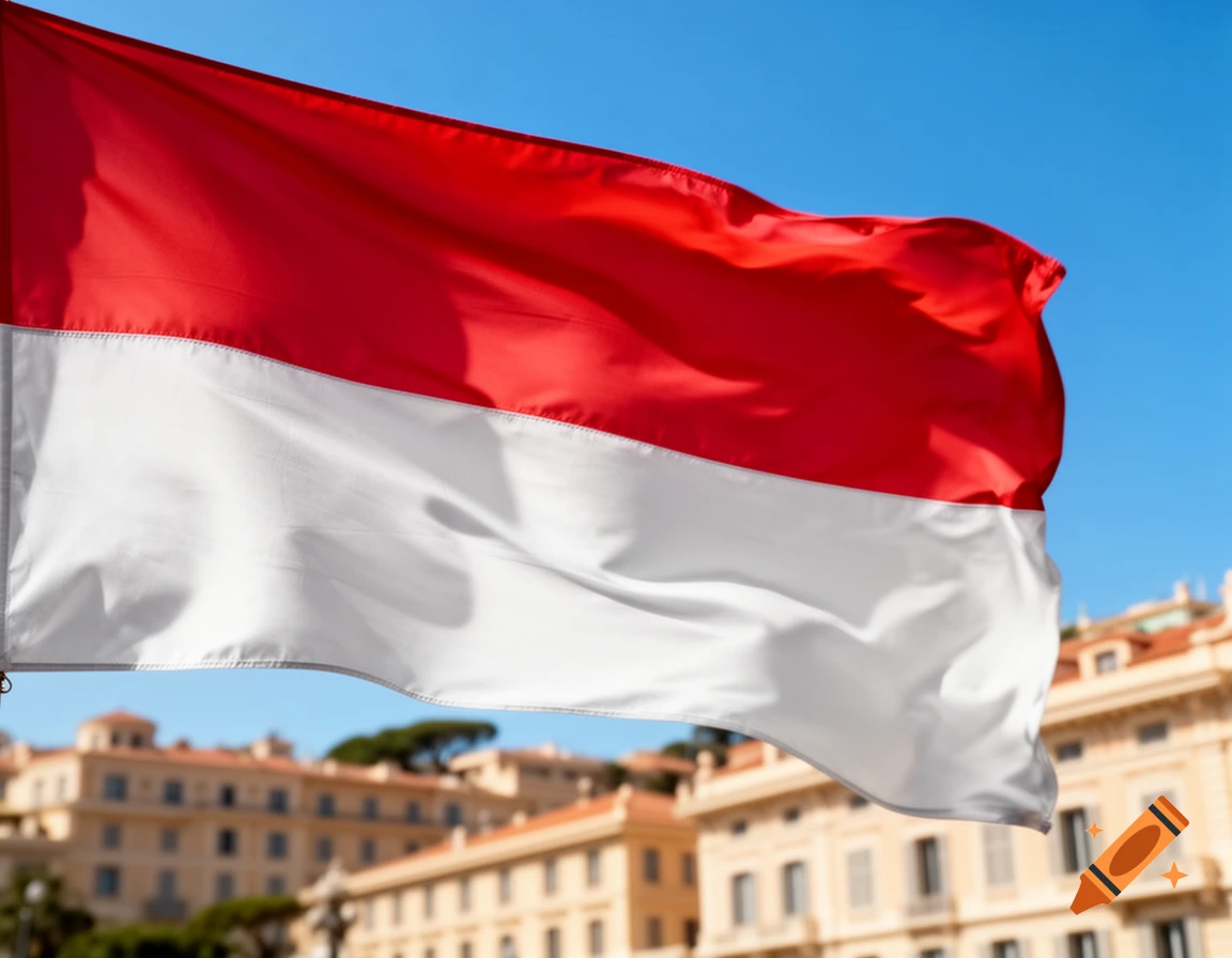 The red and white flag of Monaco waves against a clear blue sky, with blurred historic buildings in the background.