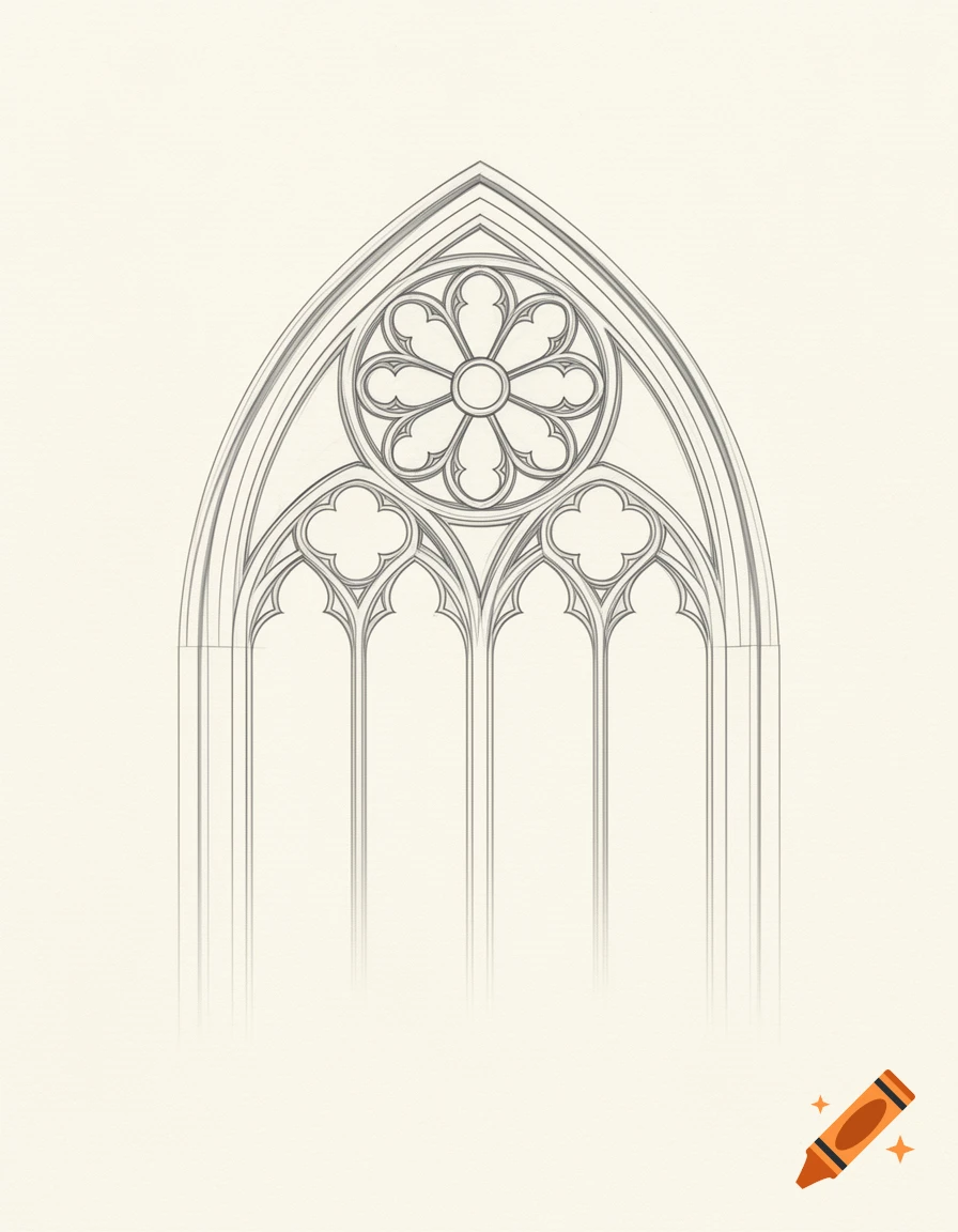 A minimalist line art sketch of a gothic arch window with intricate tracery and a rose window, on a cream-white textured background.