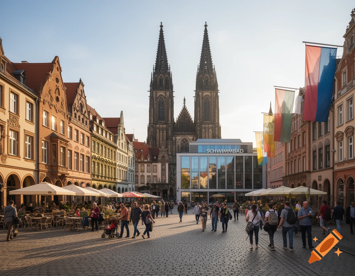 A busy European city square with a grand gothic cathedral, historic buildings, and people walking and dining outdoors.