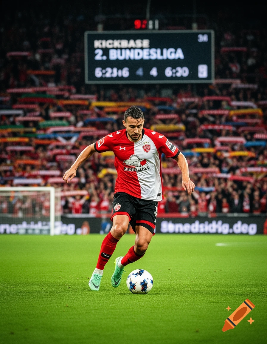 A soccer player in a red and white jersey dribbles a ball on a green field in a stadium with a scoreboard.