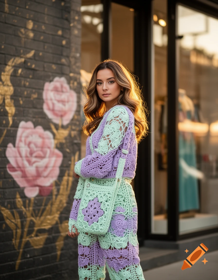A woman with long wavy hair, wearing a mint green and lavender crochet top and pants, with a matching bag, stands by a brick wall with pink floral graffiti.
