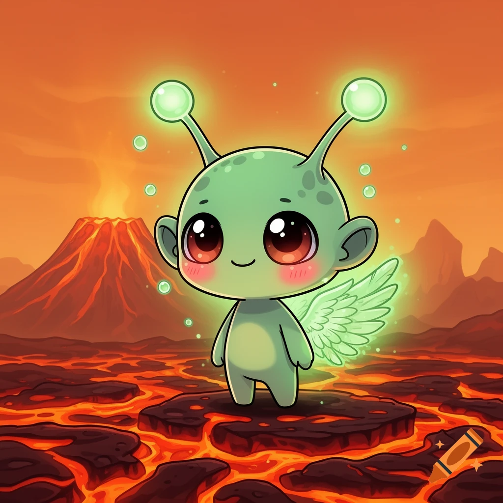 A cute green chibi alien with glowing antennae and small wings stands on a rock in a lava world with a volcano.