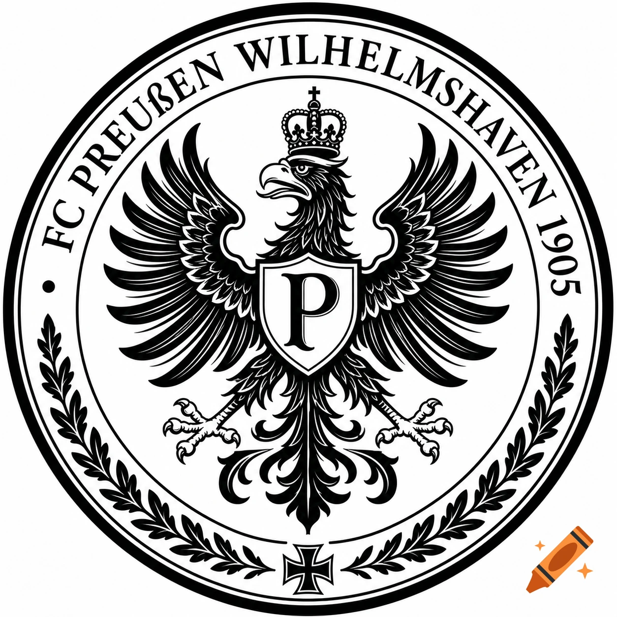 A black and white circular crest features a crowned Prussian eagle, holding a shield with 'P', encircled by 'FC PREUSSEN WILHELMSHAVEN 1905' and a laurel wreath.