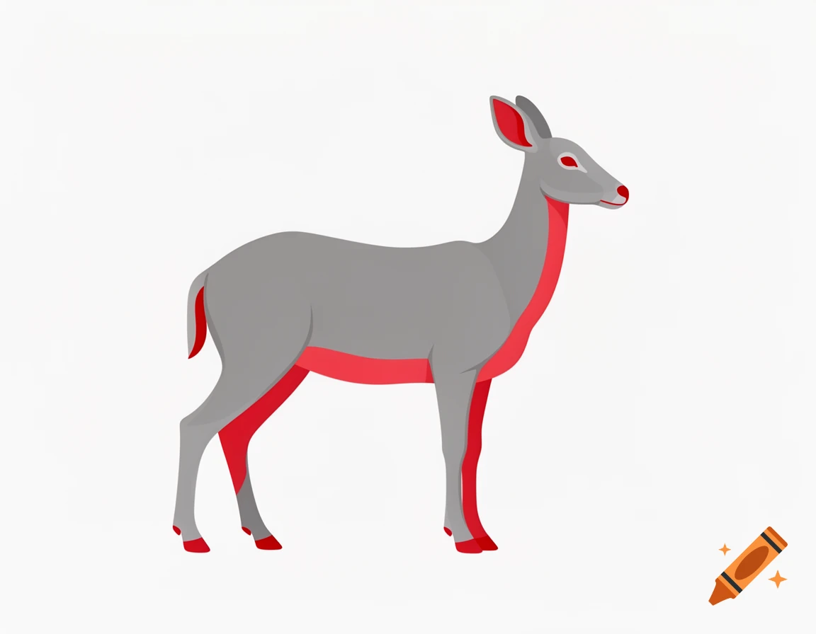 A minimalist graphic of a gray deer with red accents on its underbelly, legs, ears, and nose, standing on a white background.