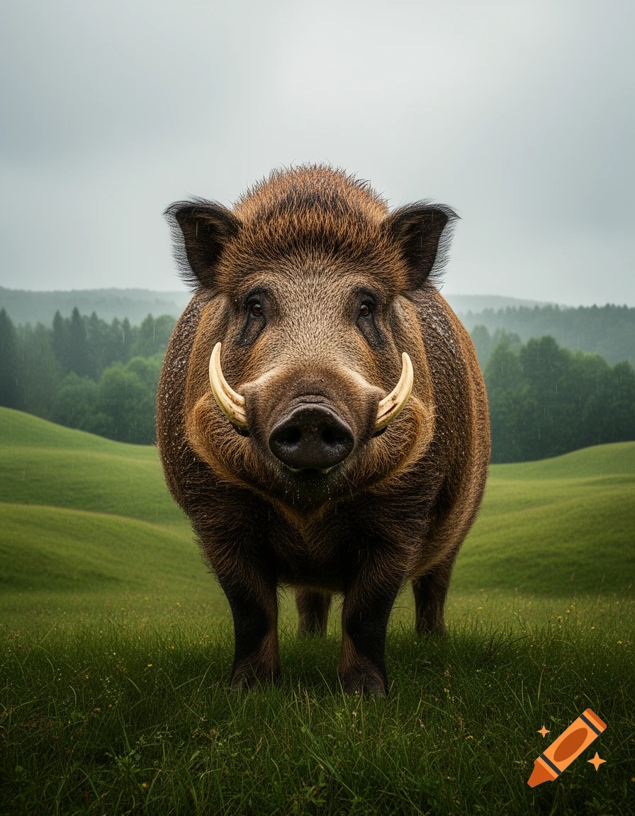 A large, shaggy brown wild boar with prominent white tusks stands in a lush green field under a cloudy sky.