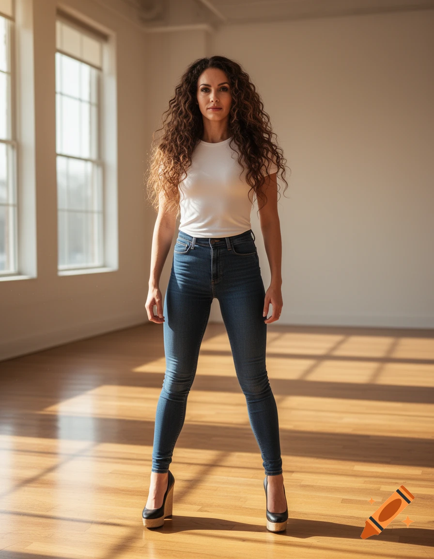 Photorealistic portrait of a woman with long curly hair, wearing a white t-shirt, blue jeans, and black platform heels, standing in an empty room.