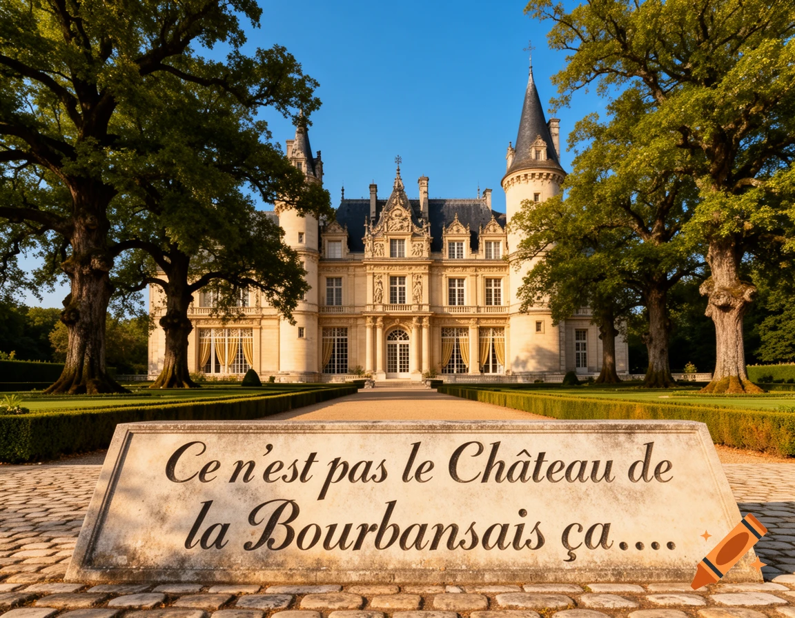 A grand French château with spires and intricate details, flanked by large trees, with a stone sign in the foreground.