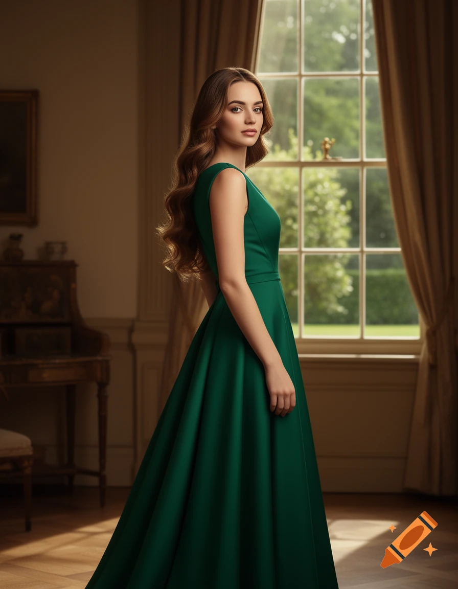 A sophisticated woman with long wavy hair wears an emerald green sleeveless gown, standing in a sunlit room by a large window.