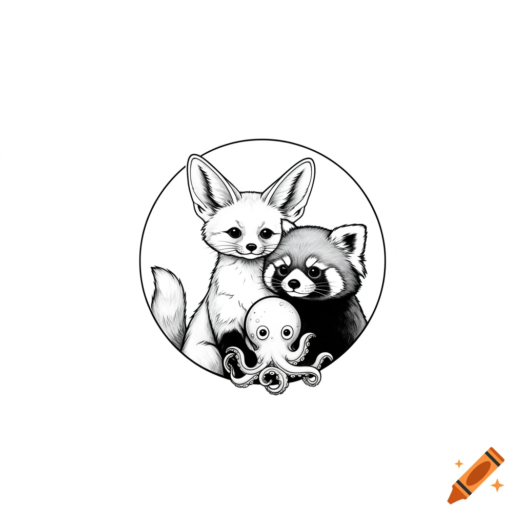 Stylized black line art of a fennec fox, red panda, and octopus cuddling within a circular frame, designed as a tattoo.