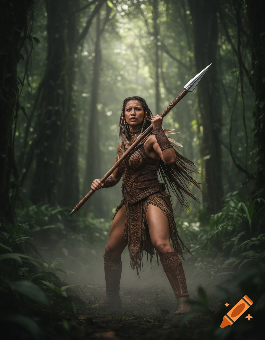 A photorealistic image of a female warrior in tribal attire holding a spear in a misty jungle.