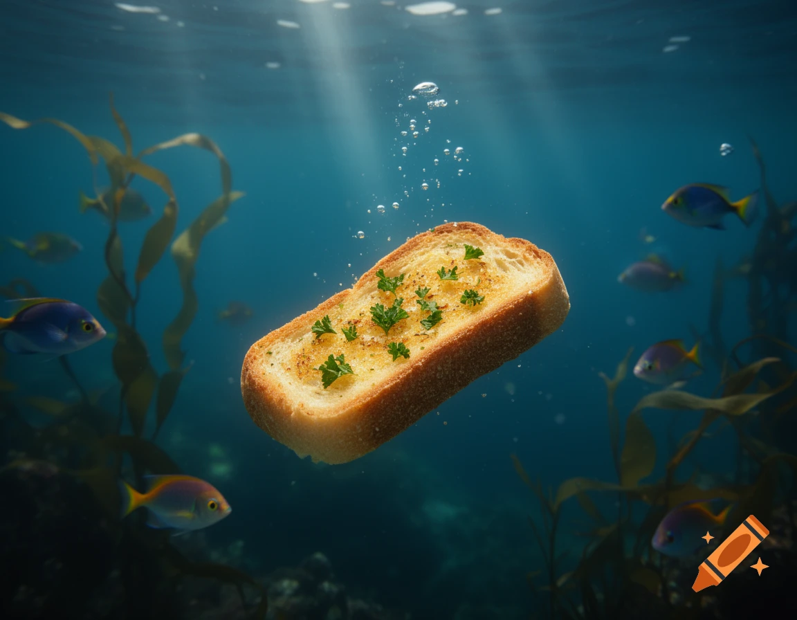 A slice of garlic bread floats in clear blue ocean water, surrounded by small fish and swaying kelp, with sunbeams piercing the surface.