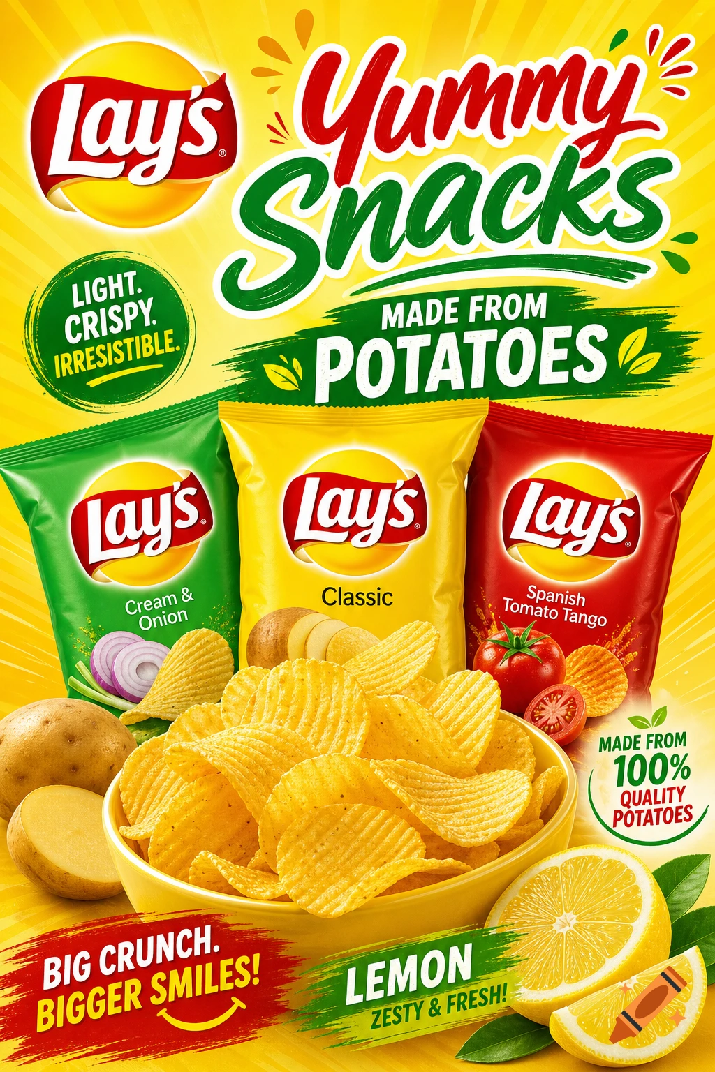 A vibrant advertisement for Lay's chips, featuring three bags in green, yellow, and red, with a bowl of rippled chips, potatoes, onions, tomatoes, and lemons on a yellow background with sunbursts. Text promotes 'Yummy Snacks Made from Potatoes' and 'Lemon Zesty & Fresh!'.
