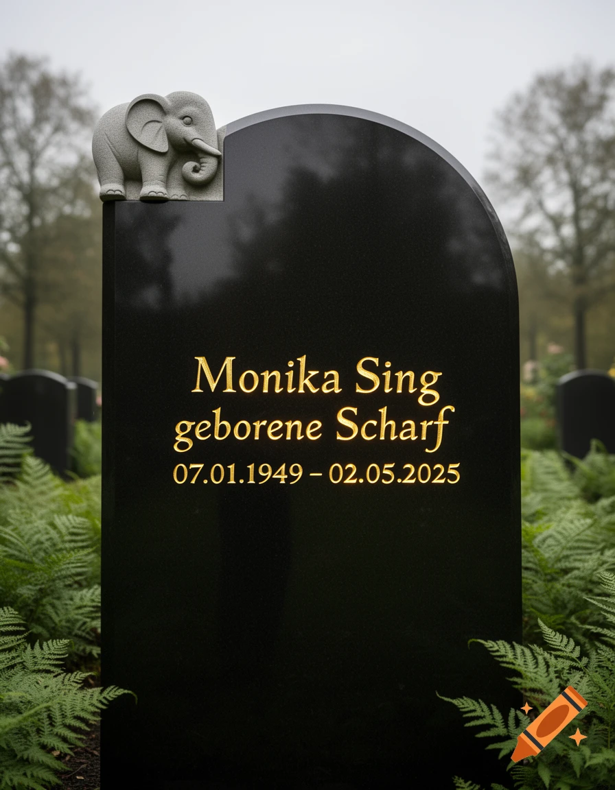 A black tombstone with golden text and a small stone elephant carving on the top left, surrounded by ferns in a graveyard.