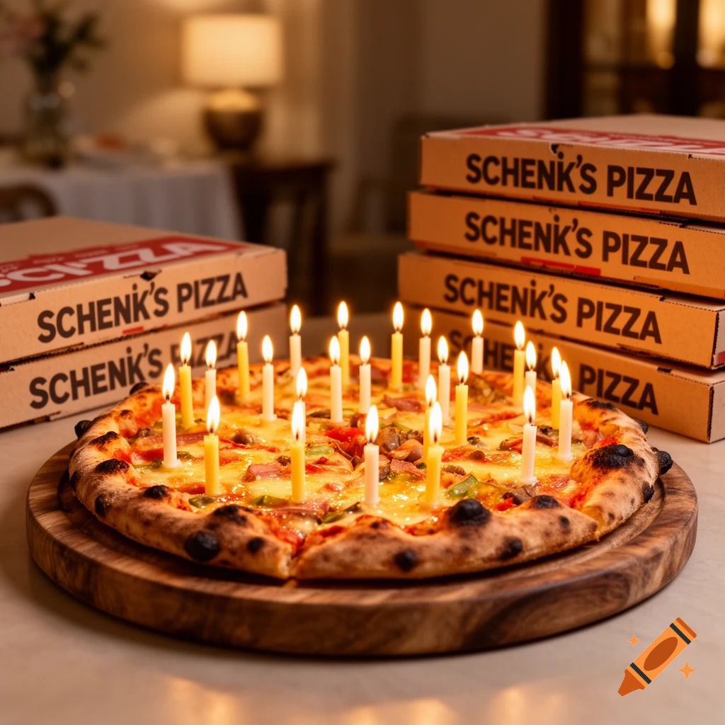 Photorealistic pizza with lit birthday candles on a wooden board, flanked by stacks of 'SCHENK's PIZZA' boxes.