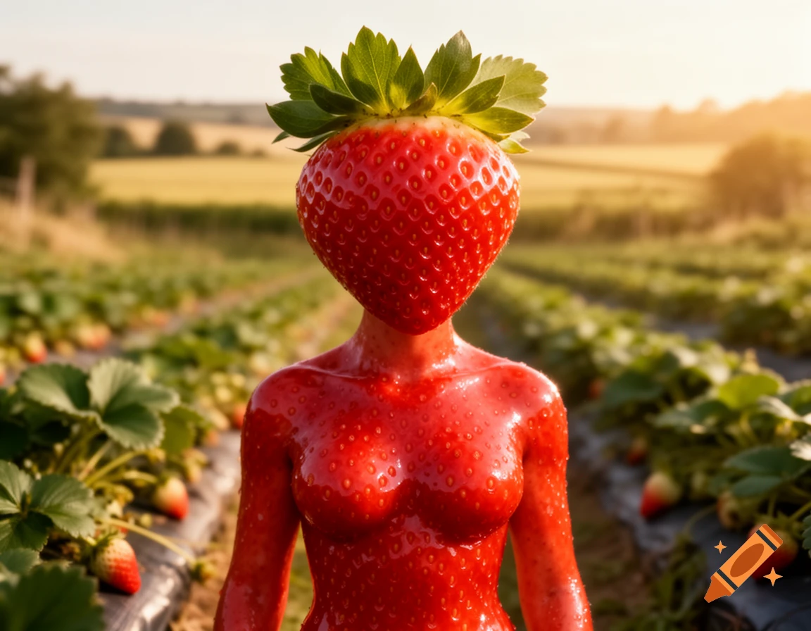 A photorealistic image of a human-like figure with a strawberry head and body, standing in a sunny strawberry field.