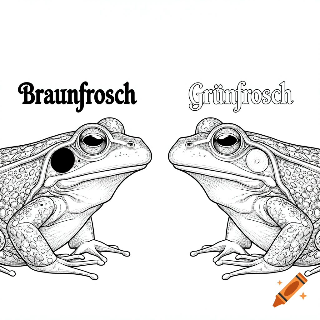 Two line art frogs in profile, facing each other, with 'Braunfrosch' above the left and 'Grünfrosch' above the right.