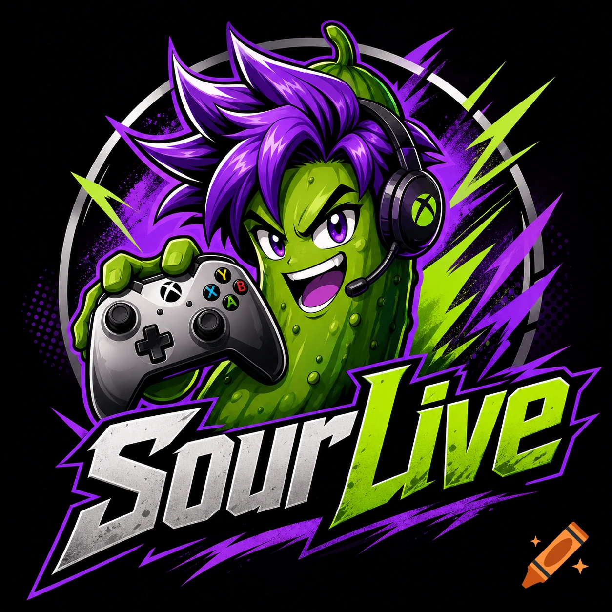 A vibrant cartoon pickle character with purple anime-style hair and a headset holds an Xbox controller, with "SourLive" text.