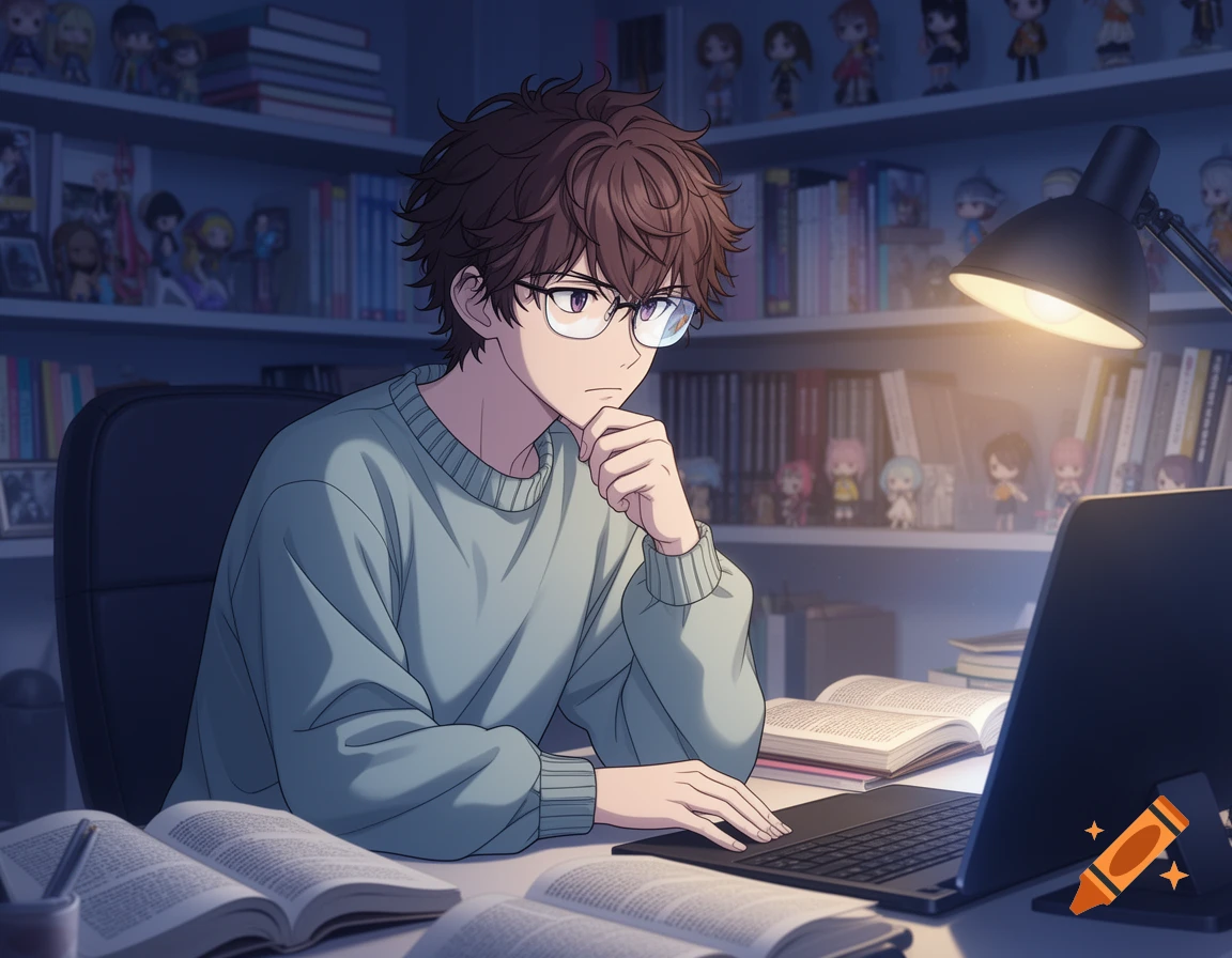 An anime-style young man with brown curly hair and glasses sits at a desk, looking thoughtfully at a laptop with open books around him in a dimly lit room lined with bookshelves and figurines.