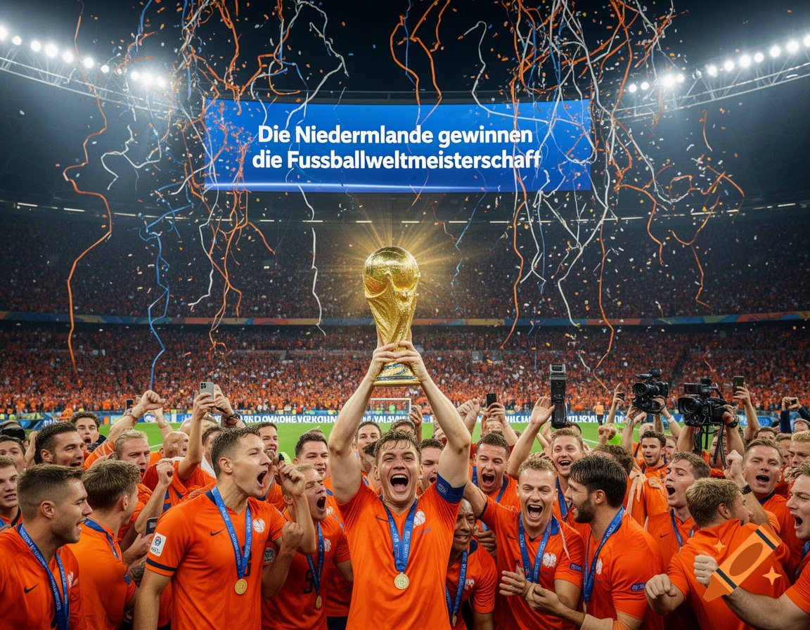 Photorealistic image of the Dutch football team celebrating their World Cup victory, holding the trophy amidst confetti in a crowded stadium.