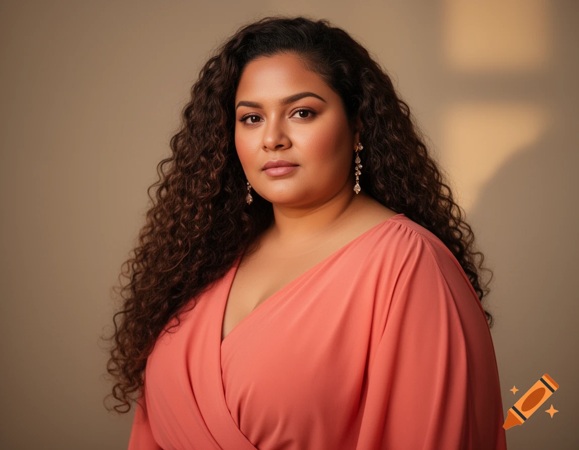 Photorealistic portrait of a woman with long curly hair, wearing a peach wrap dress and earrings, looking at the camera against a brown background.