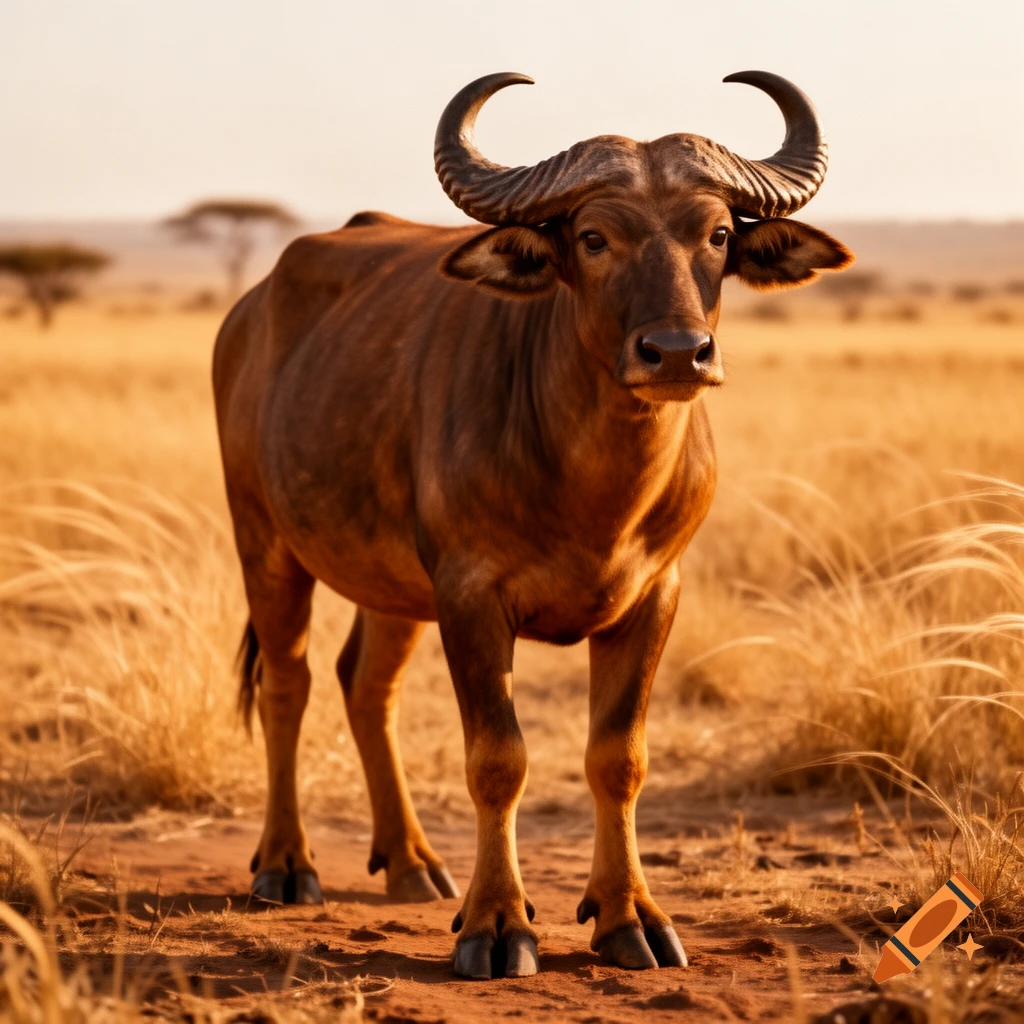 A brown buffalo with large curved horns stands in a sunlit golden grassy savanna.
