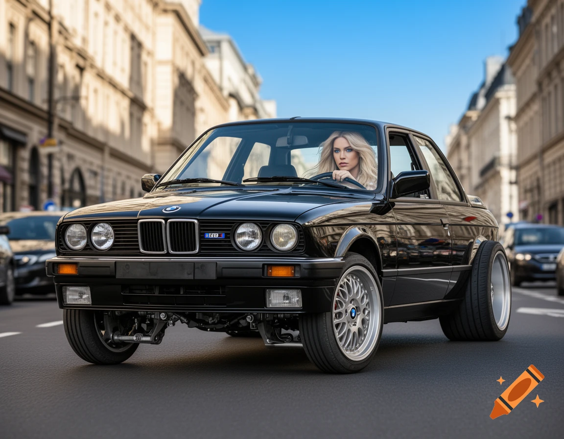 A black BMW E30 with two front axles driven by a blonde woman, on a city street.