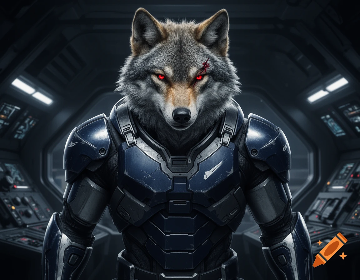 A wolf-like creature with red eyes and a scar, wearing blue and silver sci-fi armor, stands in a spaceship cockpit.