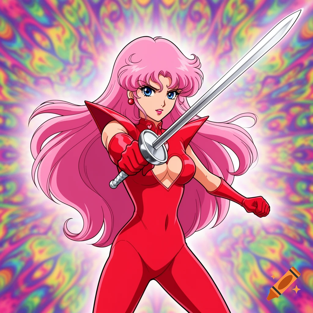 Pink-haired anime character in a red suit with a heart-shaped cutout, holding a sword, against a colorful psychedelic background.