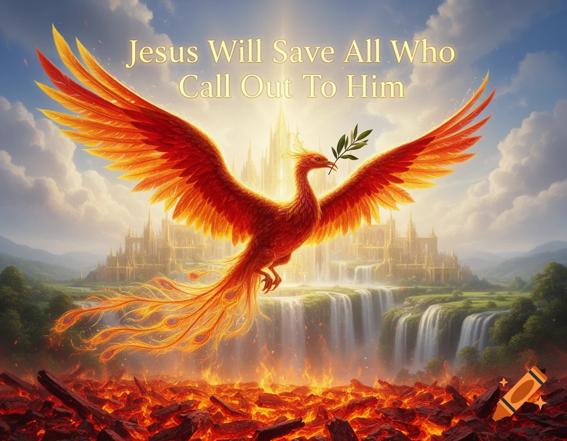A vibrant phoenix with an olive branch flies above lava, a golden heavenly kingdom and waterfalls behind it. Text: "Jesus Will Save All Who Call Out To Him".