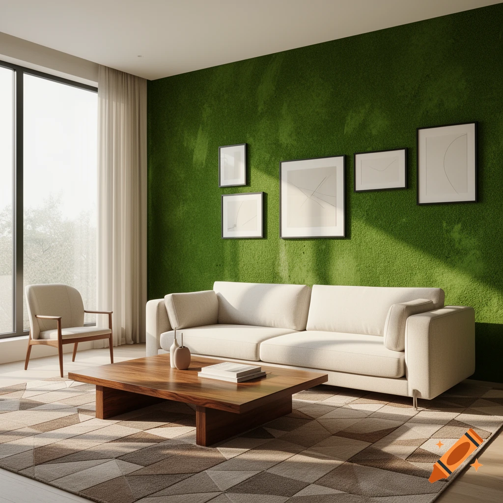 A modern living room with a textured green accent wall, light beige sofa, wooden coffee table, and patterned rug. Sunlight streams through a large window.