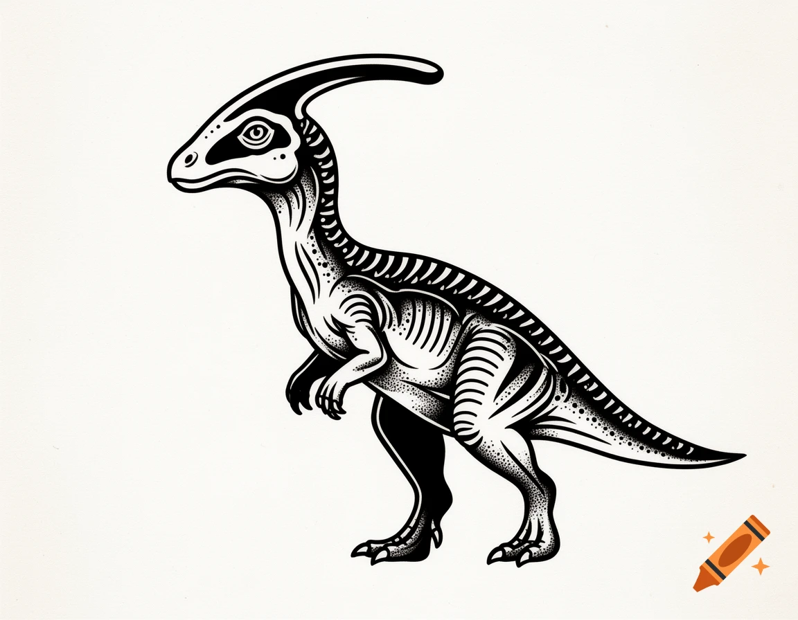 Blackwork illustration of a Parasaurolophus dinosaur with intricate line work and stippling on a white background.