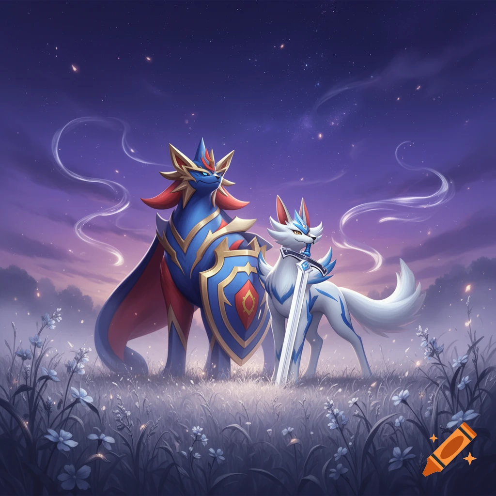 Two legendary Pokémon, Zamazenta and Zacian, stand in a field of blue flowers under a vibrant starry purple night sky.
