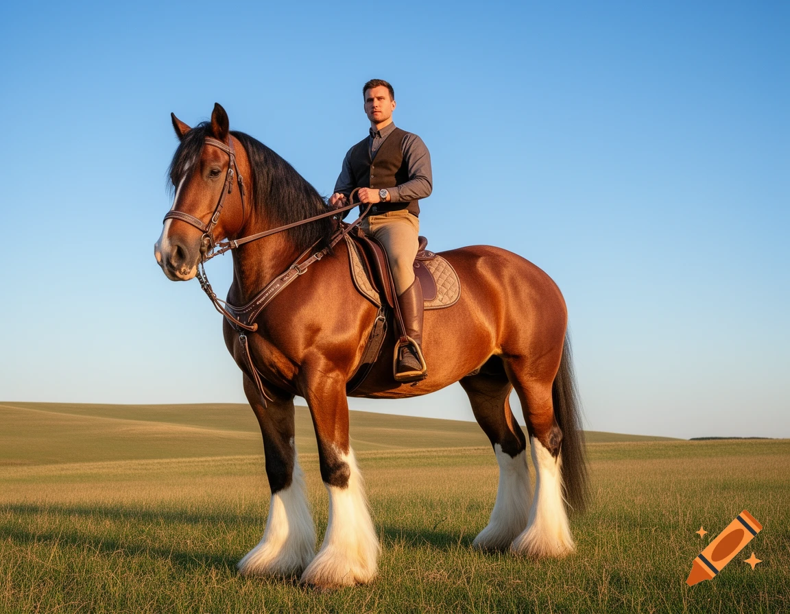 A man on a large brown Clydesdale horse with white feathered legs stands in a sunny grassy field against a blue sky.