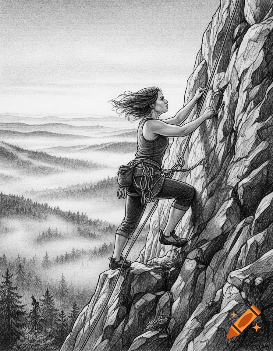 A detailed pencil drawing of a woman rock climbing a steep mountain face with forested valleys in the misty background.