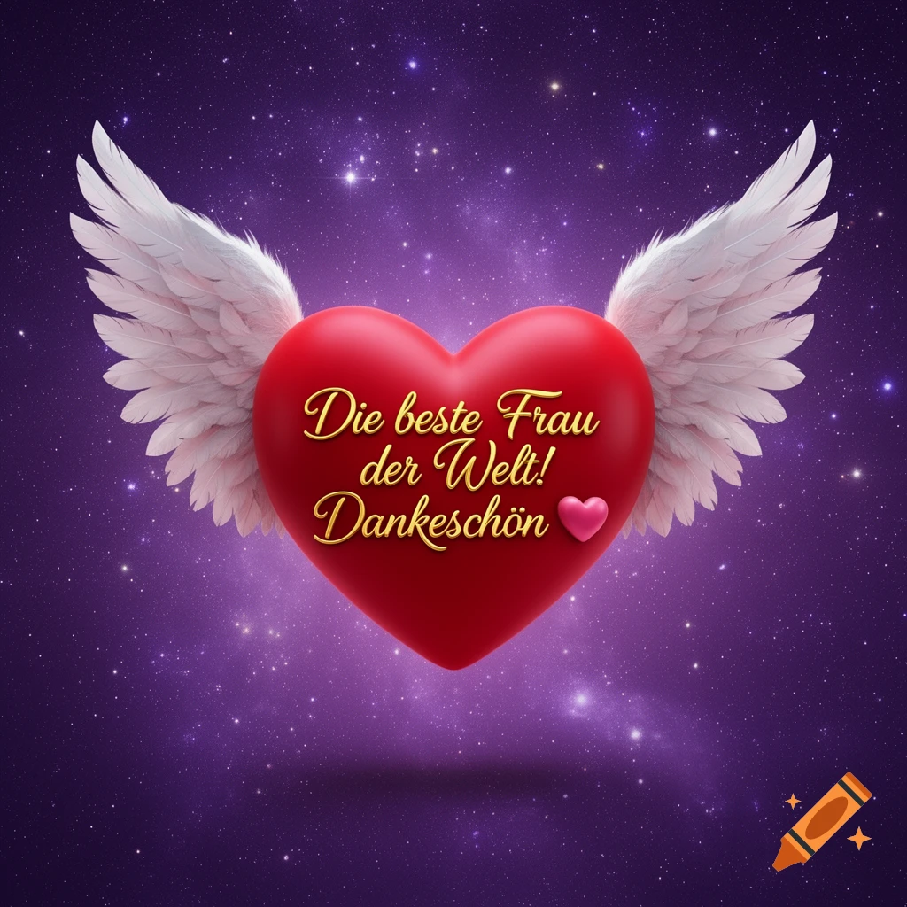 A red 3D heart with white angel wings floats in a starry purple sky, with golden text 'Die beste Frau der Welt! Dankeschön'.