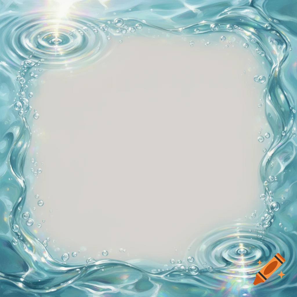 A shimmering blue water border with ripples and bubbles around a light blank center.