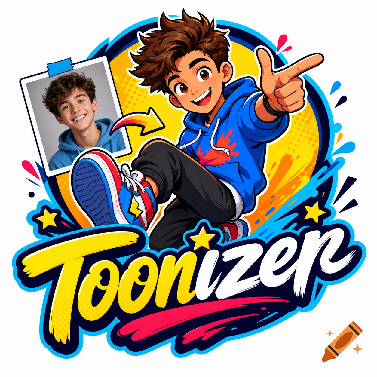 A vibrant logo featuring a smiling cartoon teen boy pointing, alongside a photo of a real smiling teen boy, above the word "Toonizer".