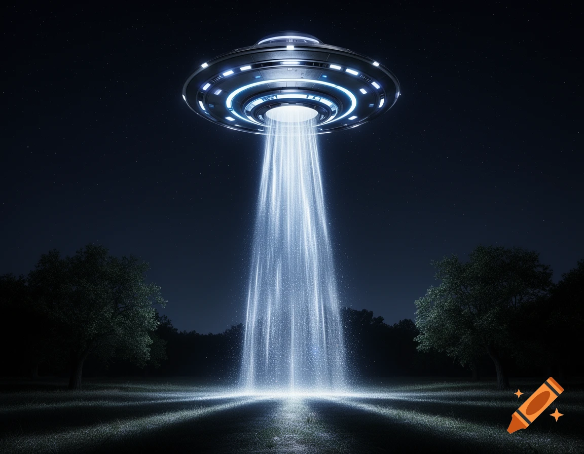 A photorealistic UFO with bright blue lights hovers in a dark night sky, beaming a powerful light onto a grassy field with trees.