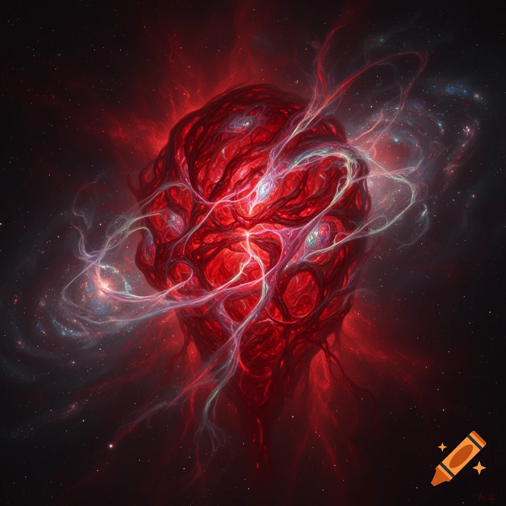 A vibrant red, abstract cosmic mass with glowing white and pink tendrils, set against a dark, starry nebula.