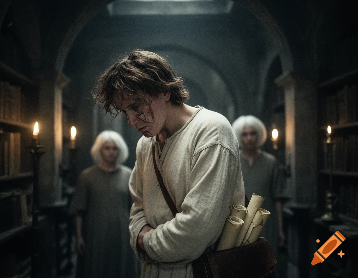 A young man with matted brown hair and scratches on his face, wearing a light tunic and carrying scrolls, stands in a dim, vaulted library with blurred figures in the background, in a dramatic, cinematic style.