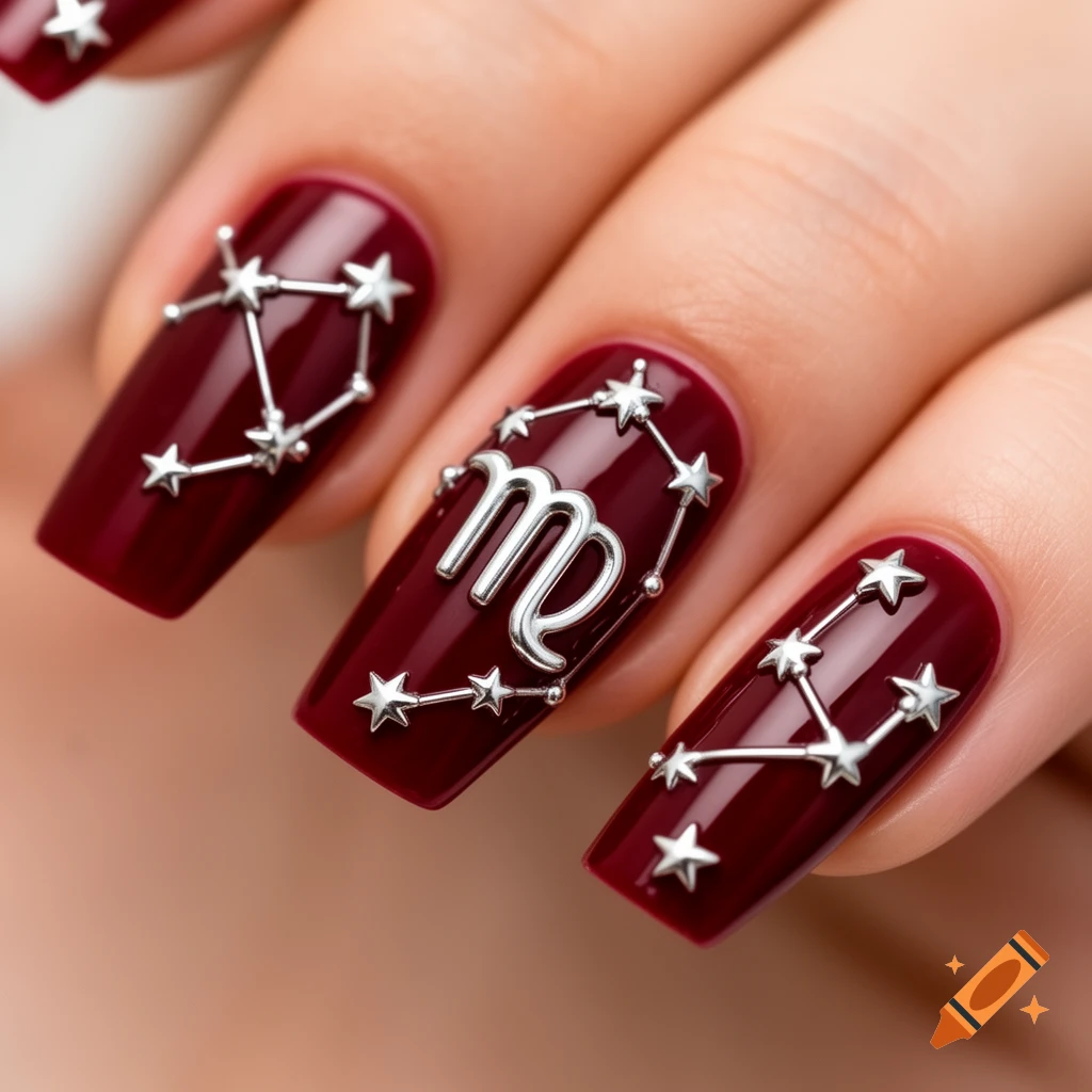 Dark red coffin nails adorned with silver star constellations and a Virgo zodiac symbol.
