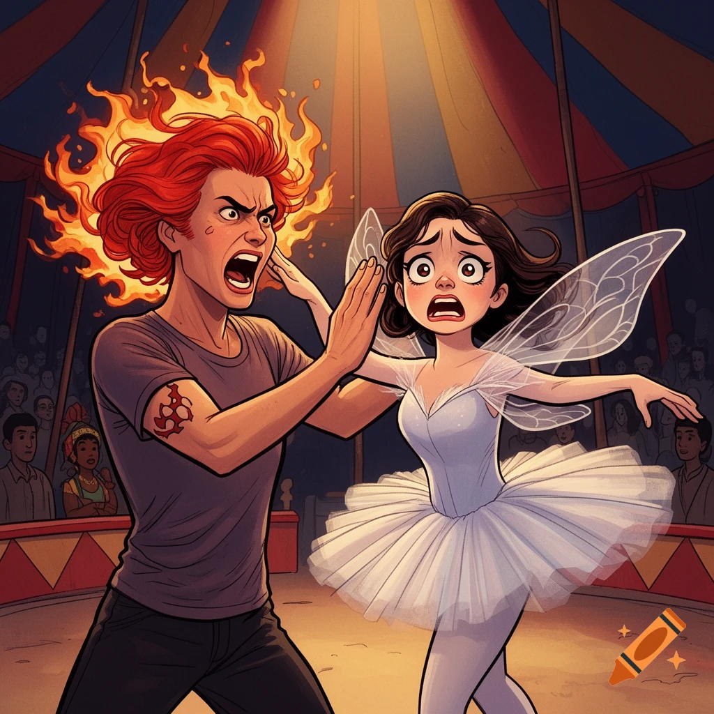 A fiery red-haired person shouts at a scared fairy ballerina in a dynamic comic book style, set inside a circus tent.